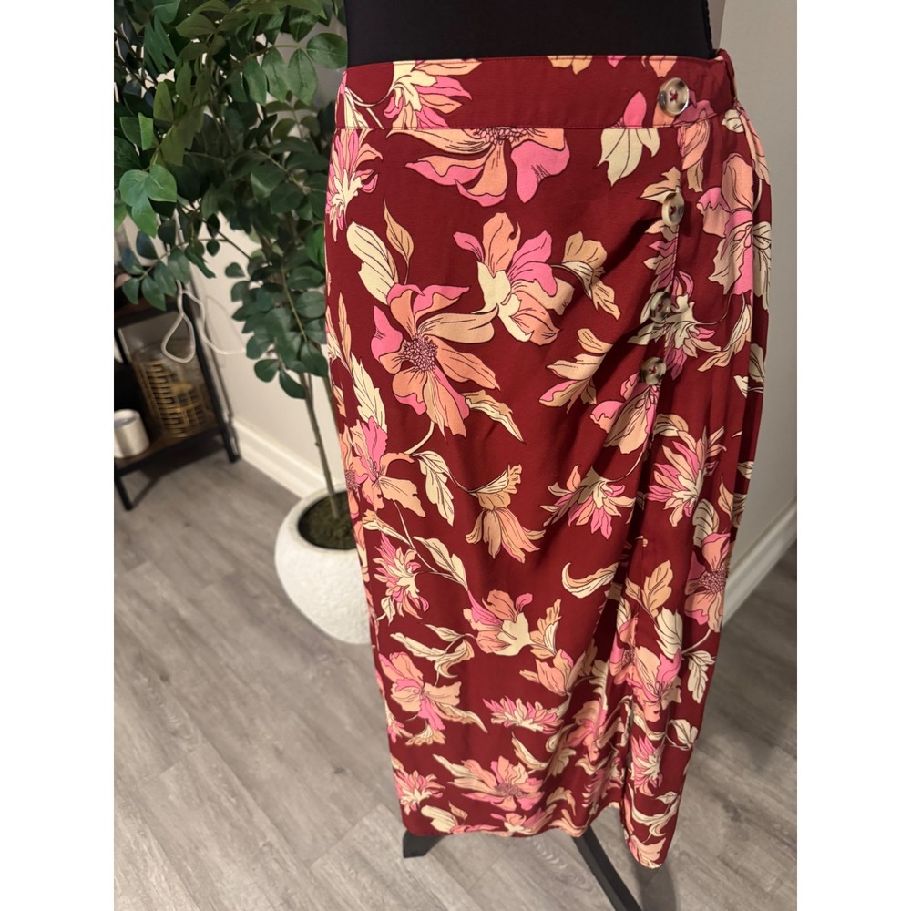 Bunulu Women Burgundy Floral Faux Wrap Midi Skirt Red Pink Small